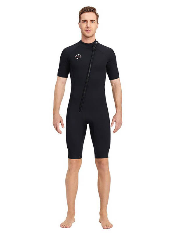 Male one-piece short sleeve wetsuit for water sports, featuring a black nylon and neoprene design with front zipper closure.
